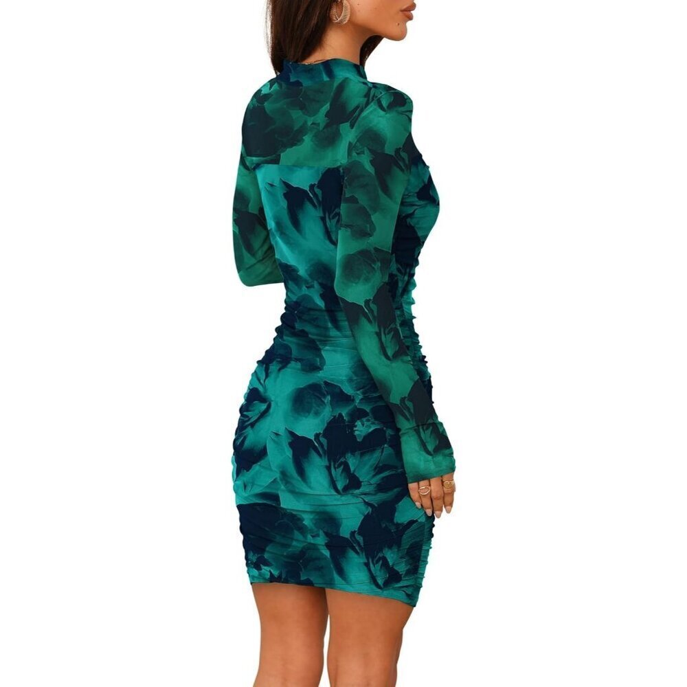 Women's Lake Blue Print Long Sleeve Ruched Bodycon Neck Mini Party Dresse - Picture 5 of 5